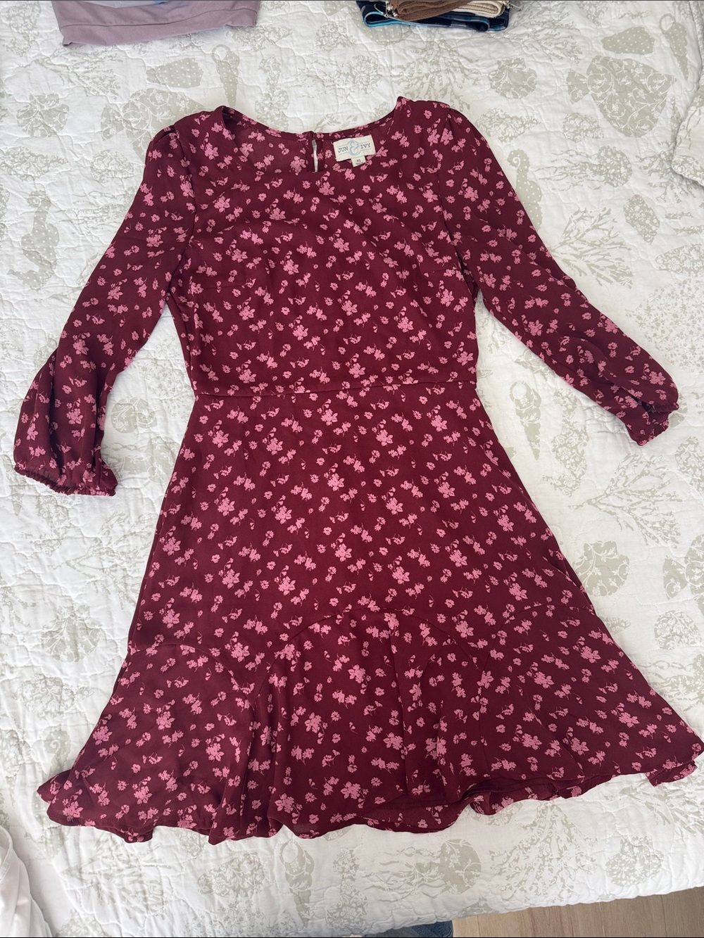 Long-Sleeve Burgundy Floral Fit-and-Flare Dress